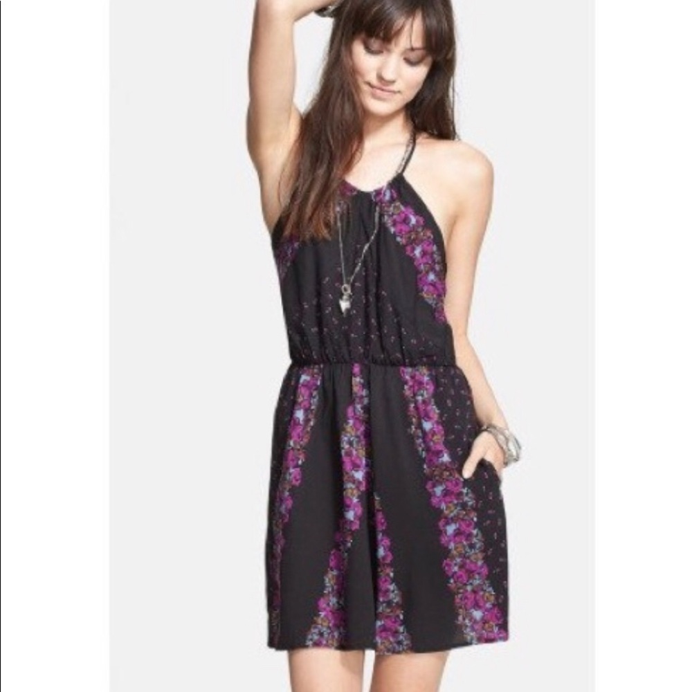 Free People Black Floral Block CrisscrossBack Dress Size S Pockets Cottage